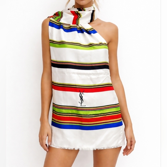 Yves Saint Laurent Cream Multicolor Silk Scarf